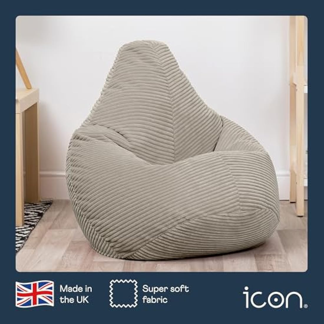 icon Dalton Kids Bean Bag, Beige, Cord Kids Bean Bag Chair with Filling Included for Girls and Boys, Childrens Chair, Beanbags for Children, Playroom Décor, Bedroom Accessories