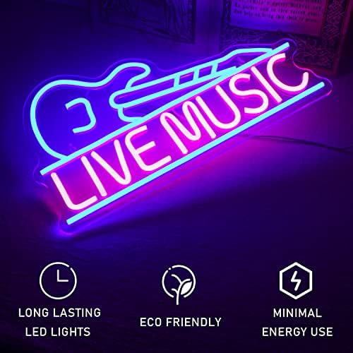 Live Music Neon Signs Blue Pink Music LED Neon Lights Letters Neon Sign Guitar Shaped Light up Sign for Bar Music Stadio Nightclub Party Wall Decor Gift for Boys Girls
