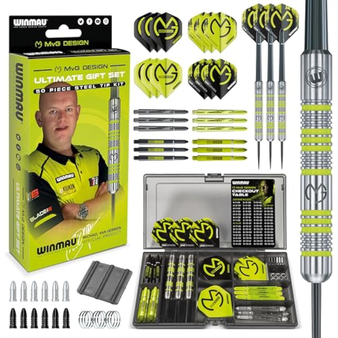 WINMAU Michael Van Gerwen MvG Gift Set - 50 Piece Dart Set with 4 Shafts, 4 Flights Plus Accessories