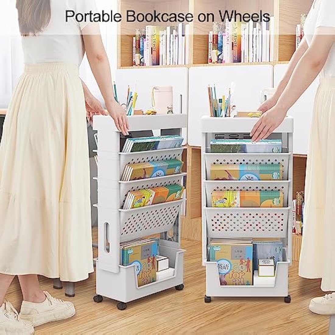 NUODWELL Mobile Bookshelf with Wheel, Large Capacity Magazine Rack Book Cart Removable Storage Organizer Kids Bookshelf, Multi Purpose Rolling Cart for Home School（White）
