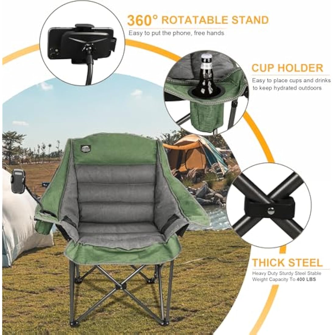 LANMOUNTAIN Oversized XL Folding Camping Chair,Heavy Duty Support 400Lbs,Large Comfy Padded Camp Chair for Adults,Lawn Arm Chair w/Cup Holder,Phone Holder,Carry bag Perfect for Outdoor (Green)