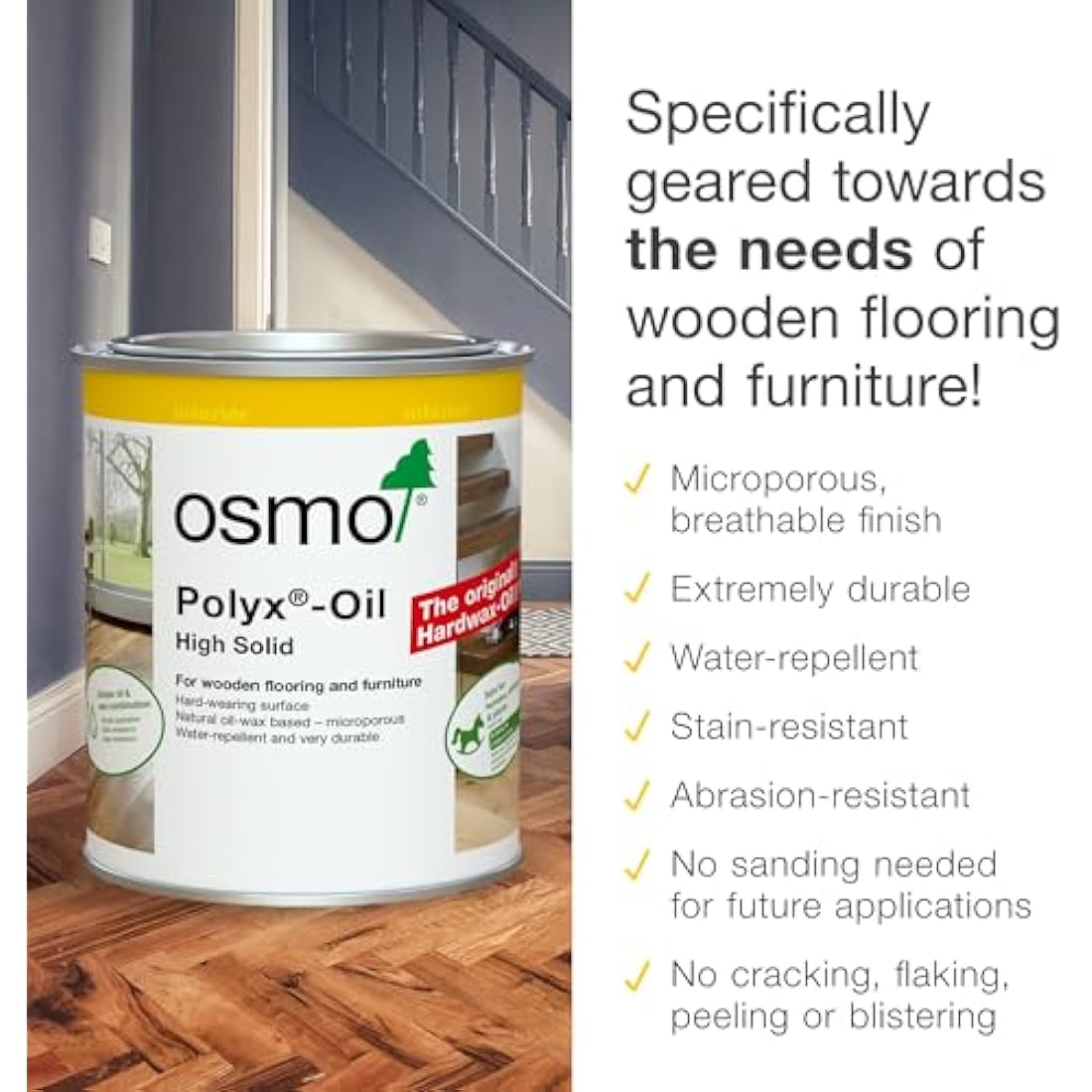 Osmo Polyx®-Oil Hard Wax Oil 3032 - Clear Satin, 750ml - Durable Wood Finish for Furniture & Floors Water & Dirt Resistant Treatment for Oak, Pine, Spruce, Beech & More