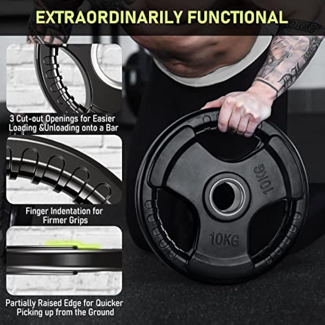 PhysKcal Olympic Weight Plates with Rubber Finish 2’’ Opening and Tri-Grips, Black Barbell Plates Discs for Lifting and Strength Training, Solid Cast Iron Core Weights Set for Barbell, 1.25kg - 20kg