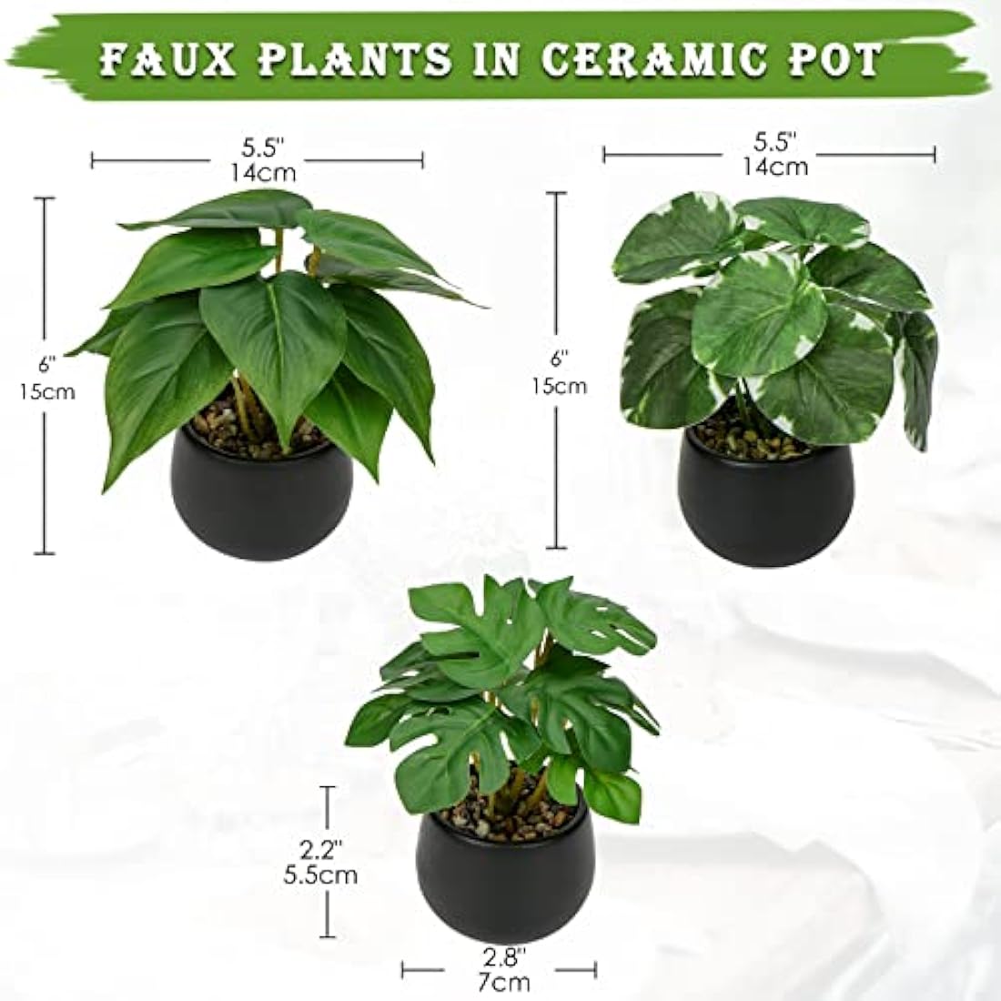 Briful Set of 3 Small Fake Plants in Ceramic Pot, Monstera Faux Potted Plants, Pilea Artificial Plants Scindapsus Aureus Plants Artificial for Home Kitchen Bathroom Decor