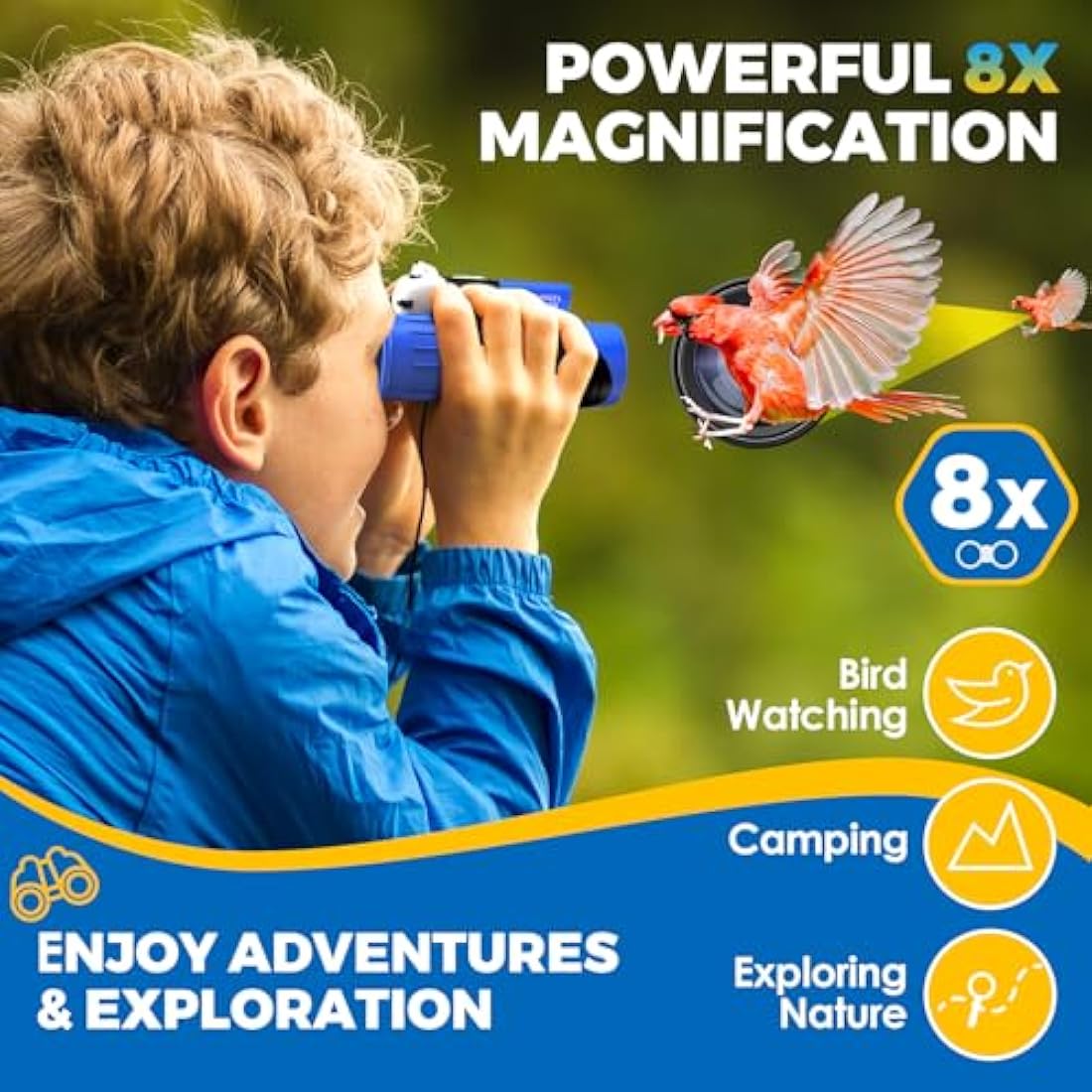 Binoculars for Kids 8x21 High-Resolution Real Optics with Magnifying Glass & Whistle Compass, Kids Binoculars for 3-12 Years Boys and Girls, Best Kids Toys for Outdoor Bird Watching, Hiking, Travel