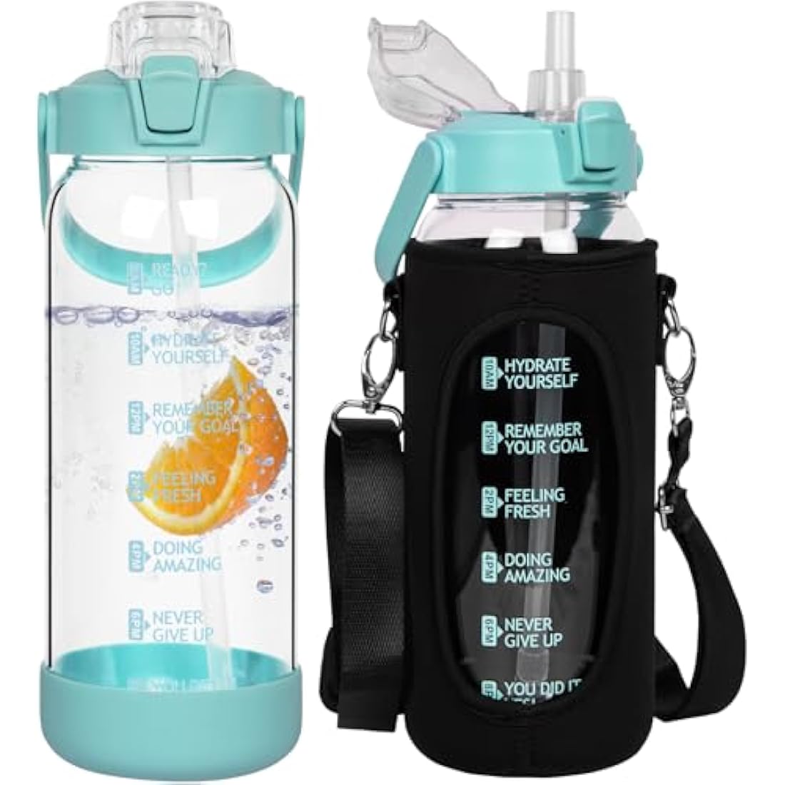 Seekua 2l Glass Water Bottle with Straw & Motivational Time Markings 2 litre Large Leakproof Gym Drinking Bottle