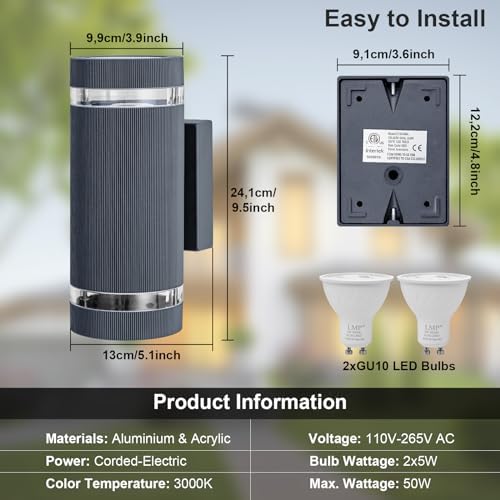 LMP Outdoor Wall Lights Mains Powered, Up Down Outside Lights Grey, IP65 External LED Front Door Lamp Porch Light Electric, Exterior GU10 Round Lighting Sconce Wall Mounted for House