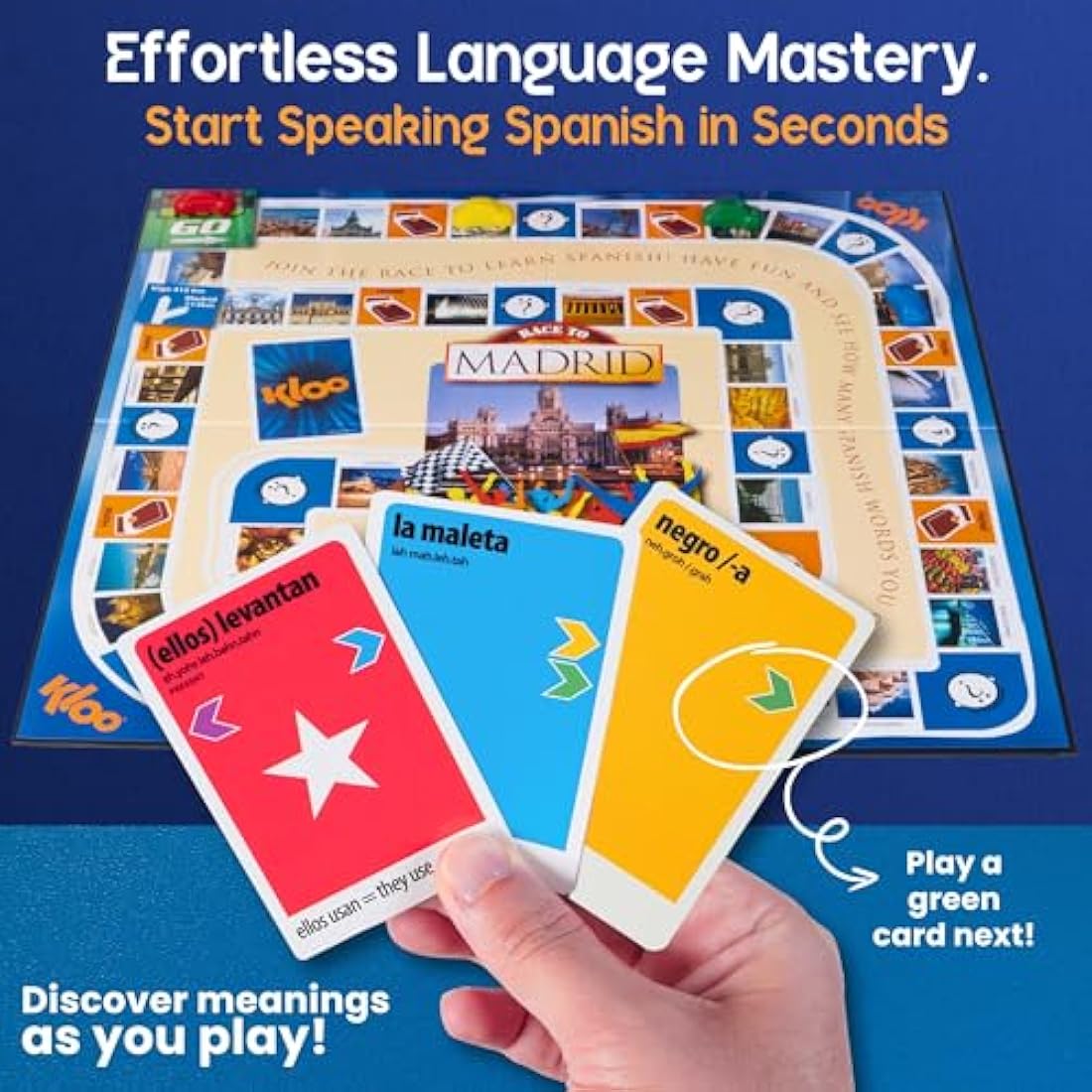 Spanish Board Game – Race to Madrid | Easy to Learn Words, Grammar, Verbs | Fun for Adults, Kids, Beginners, Classroom | 4 Decks Dynamic Flash Cards