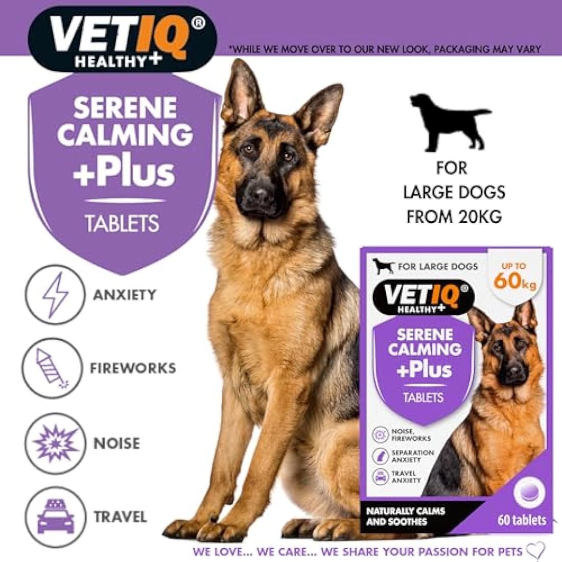 VETIQ Serene Calming Plus+ Tablets For Large Dogs, Helps to Reduce Anxiety in All Scenarios Short & Long Term , 60 Tablets