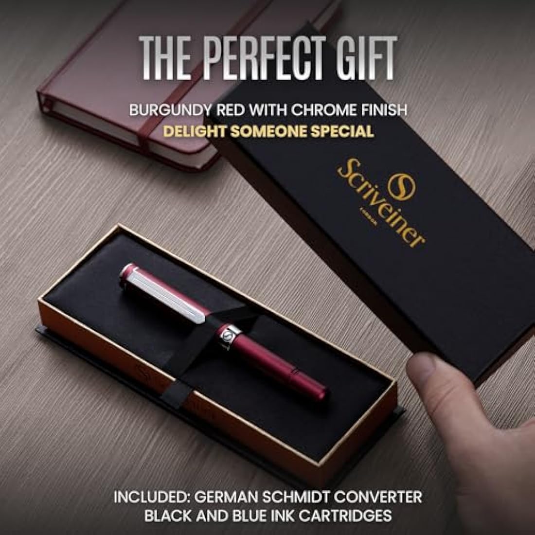 Scriveiner Luxury EDC Fountain Pen (Fine), Stunning Matt Red with Chrome Finish, Schmidt German Nib, Converter, Best Writing Gift Set for Men & Women, Nice Fancy Office Designer Pocket Pen