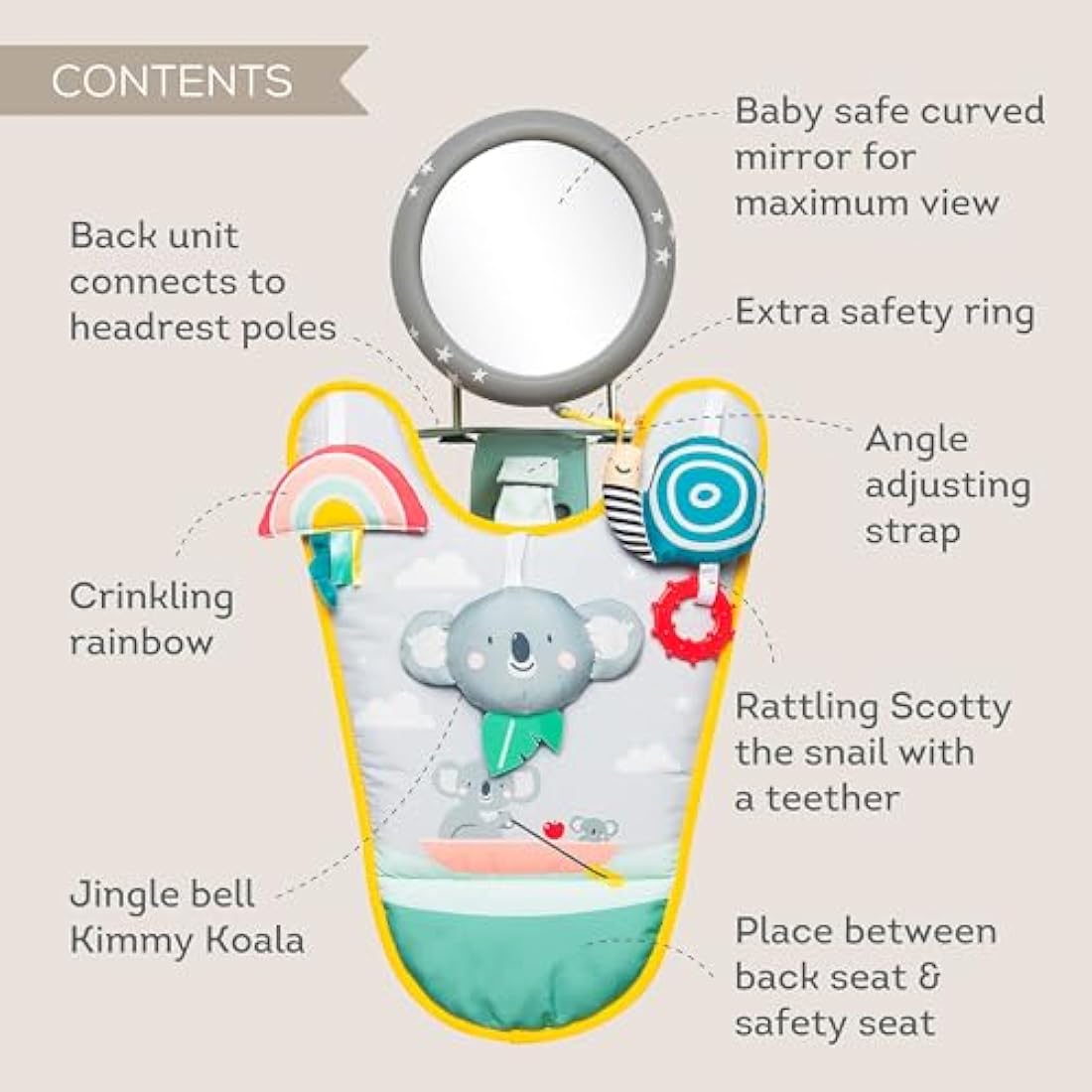 Taf Toys Koala in Car Play Centre. Rear Facing Kick Mat with Hanging Sensory Toys. Easy to Fit Baby Car Travel Activity Centre. Suitable for Boys & Girls from Birth