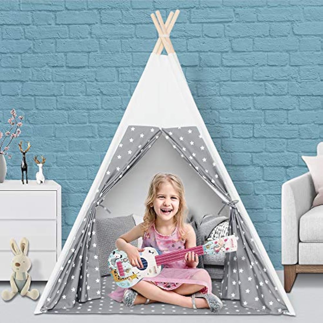 Wilwolfer Teepee Tent for Kids Foldable Children Play Tent for Girl and Boy with Carry Case 4 Poles White Canvas Playhouse Toy for Indoor and Outdoor Games (Grey Teepee Tent)
