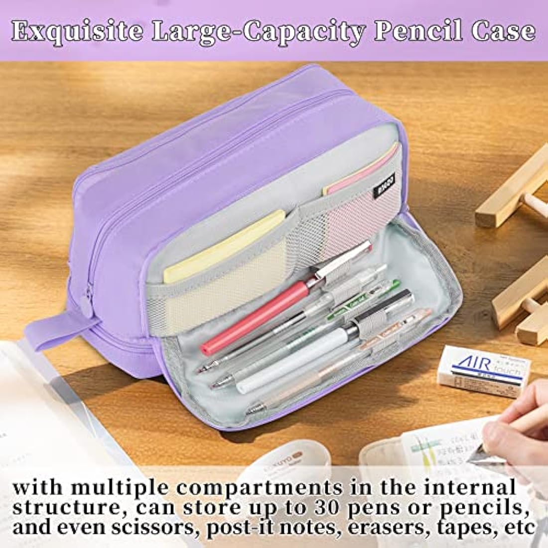 Tesmien Pencil Case, Large Pencil Case with 4 Compartments Stationery Organizer for Boys and Girls, Aesthetic Pencil Bag Suitable for Kids Teenagers Students Women Men, Purple