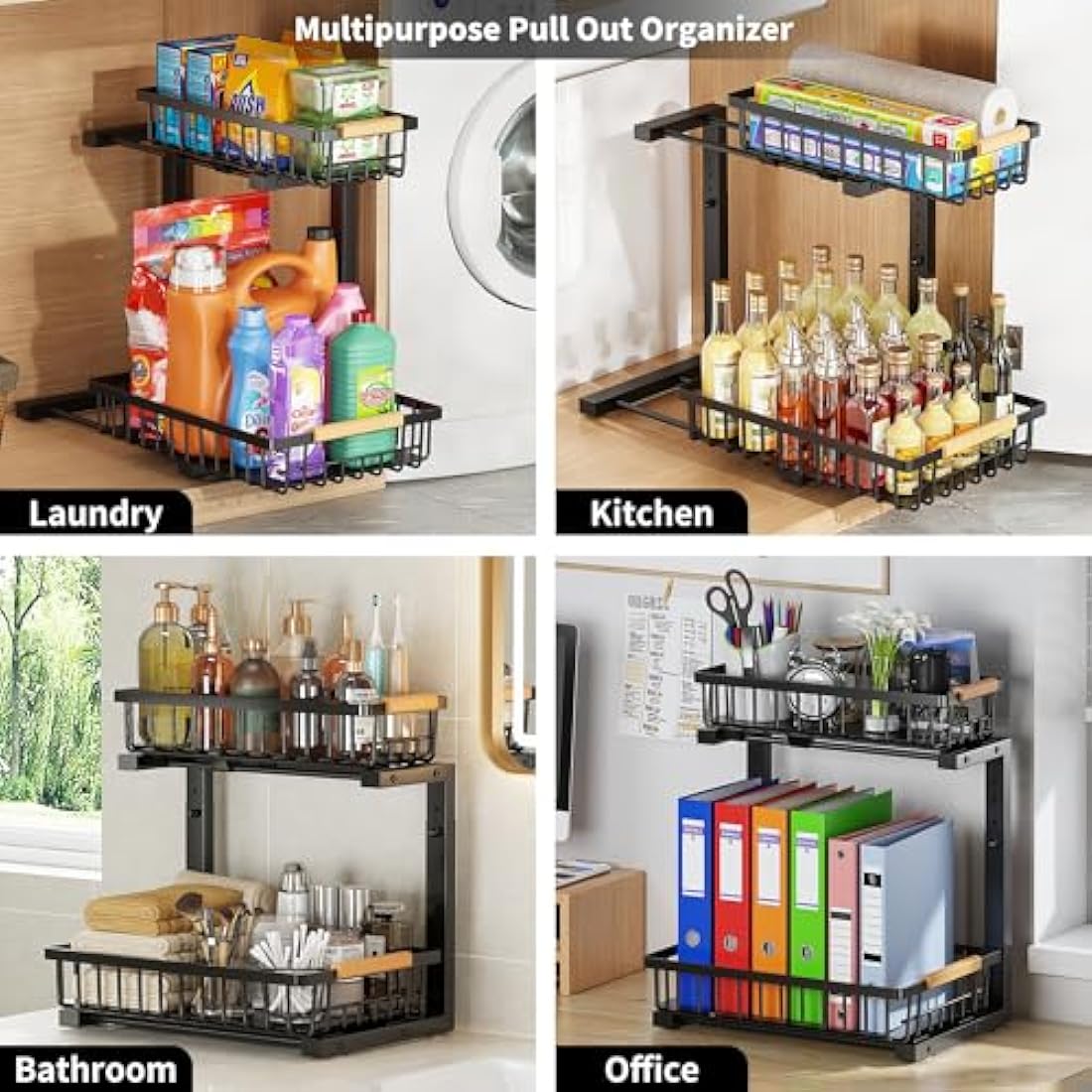 ROLIZOE 2 Tier Sliding Under Sink Storage Kitchen Organiser 42.5cm Height Adjustable Under Sink Shelf with 2 Slide Out Baskets Metal Cupboard Organiser Under Sink Cabinet Basket Organiser for Bathroom