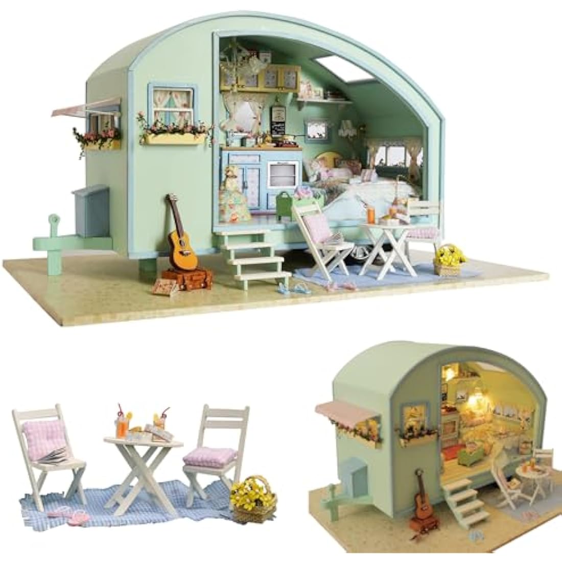 CUTEROOM Miniature Dolls House Kits, Diy Wooden Dolls House Handcraft Miniature House Kit Caravan, Time Travel Model House Kit with Furniture