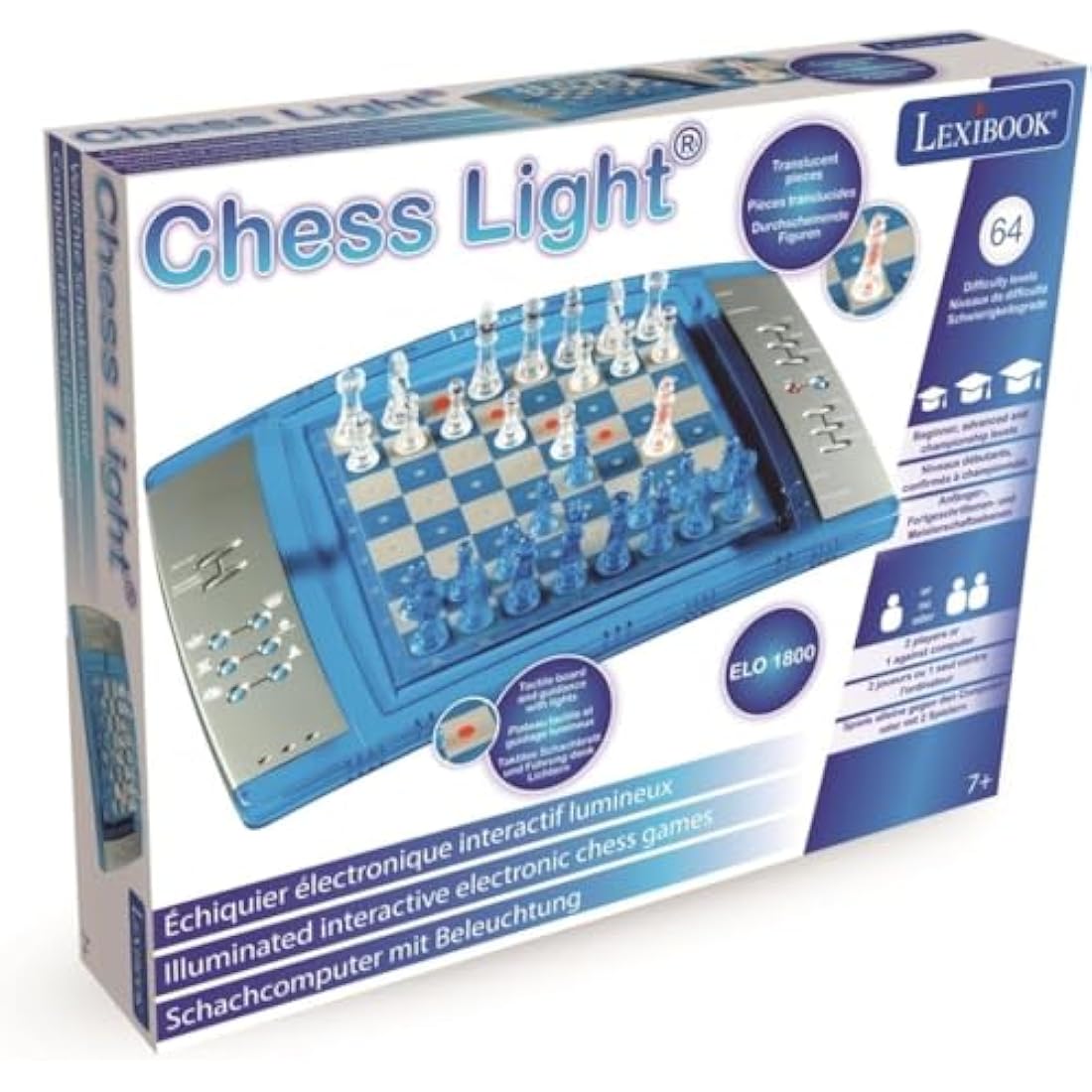 Lexibook, ChessLight, Electronic Chess Game with Touch, Sensitive Keyboard and Light and Sound Effects, 32 Pieces, 64 Levels of Difficulty, Battery, Blue/Grey, LCG3000