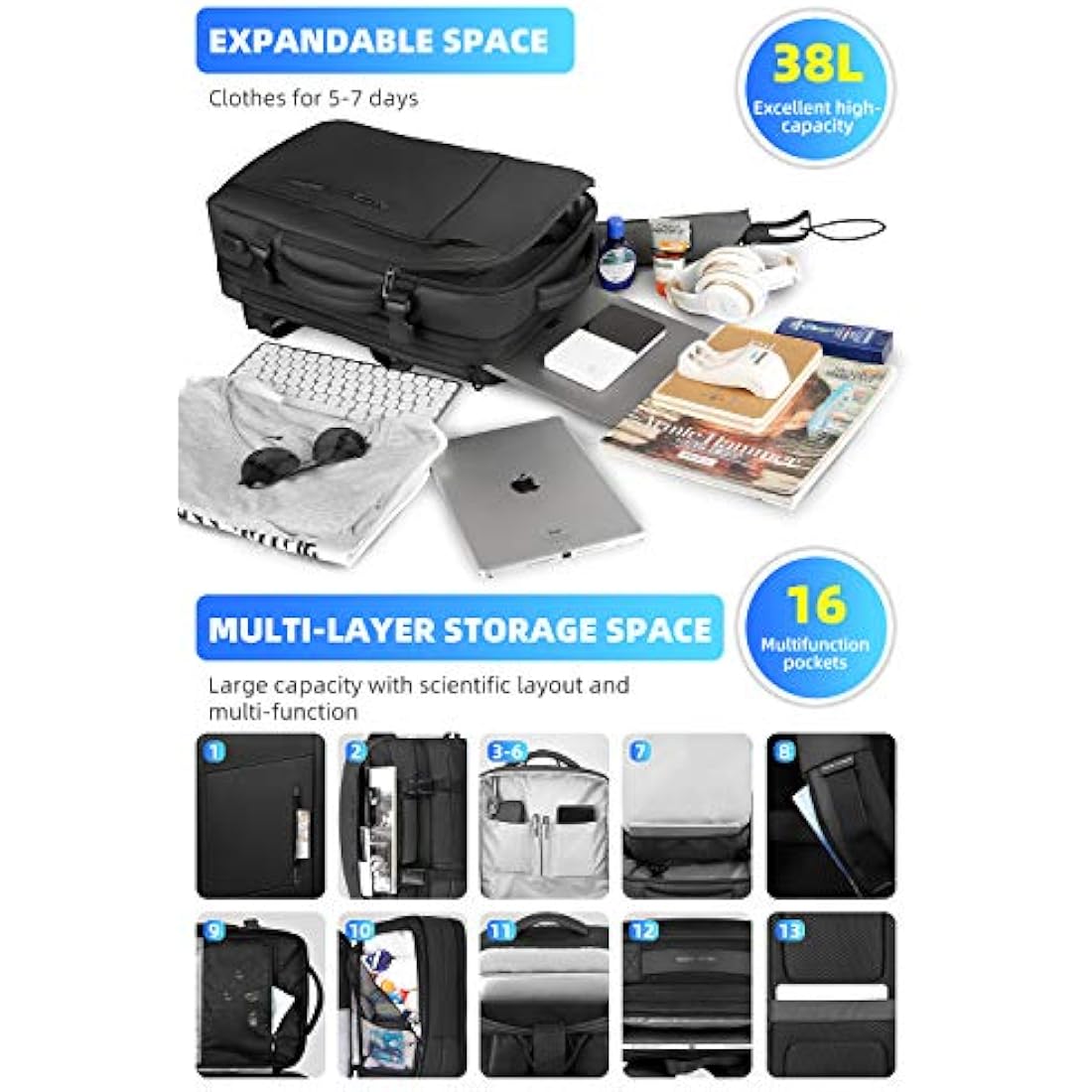MARK RYDEN Laptop Backpack, Expandable 26L-38L Travel Backpack Cabin Size, Business Backpack Men with USB Charging Port Fit 17.3 Laptop-YKK Zip