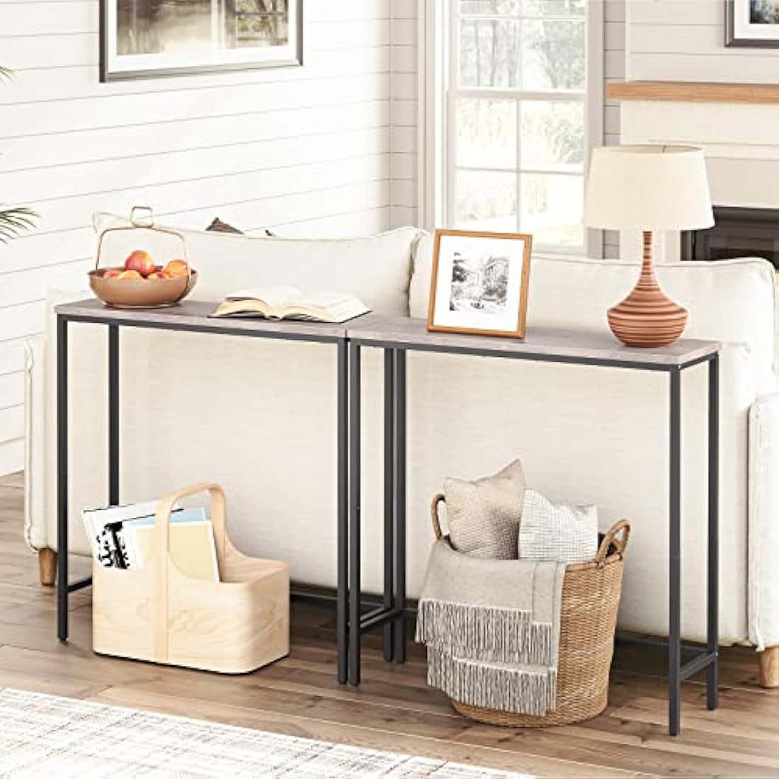 HOOBRO Slim Console Table for Hallway, Metal Frame, Compact Display Sofa Table for Small Spaces, Entryway, Living Room, Sturdy, Greige and Black EBG75XG01