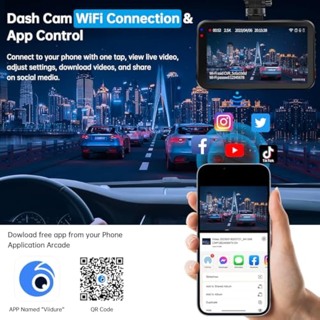Dash Cam Front and Rear, Dashcam WiFi/APP Control Car Camera Dash Cam W/ 64GB Card, 2.5K Dash Cam Front + 1080P Rear Dash Camera W/Super Night Vision, Loop Recording, G-Sensor, Max Support 256GB