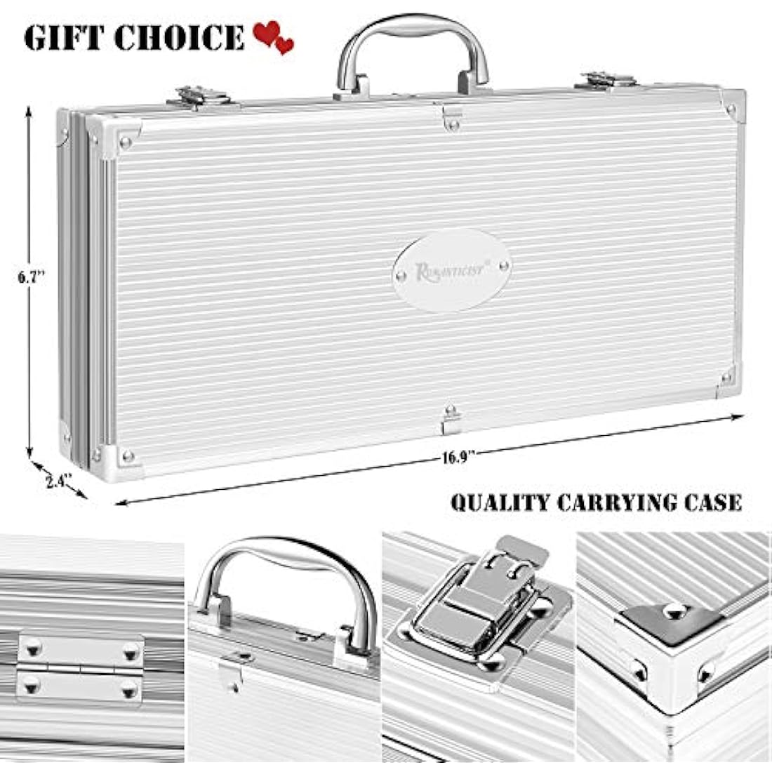 ROMANTICIST 29pcs BBQ Grill Tool Set for Men Dad, Heavy Duty Stainless Steel Grill Utensils Set, Non-Slip Grilling Accessories Kit with Thermometer, Mats in Aluminum Case for Travel, Outdoor Brown