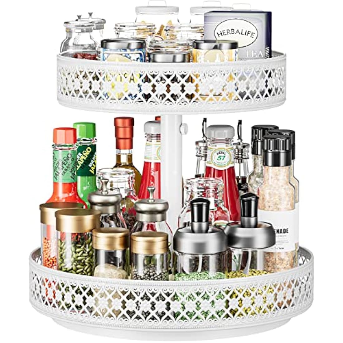 Lazy Susan Organizer 2 Tier - Turntable Spice Rack 12 inch Adjustable Metal Rotating Lazy Susan for Cabinet Pantry Kitchen Countertop Dining Table Cupboard Bathroom Vanity Storage White