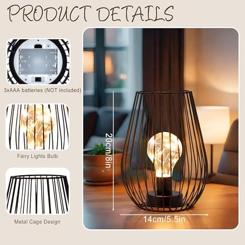 TRIROCKS Metal Cordless Table Lamp 20cm Tall Set of 2 Cage Shape Battery Operated Lanterns with Fairy Lights Bulb for Indoor/Outdoor Use Perfect for Christmas Garden Weddings Events (Black)