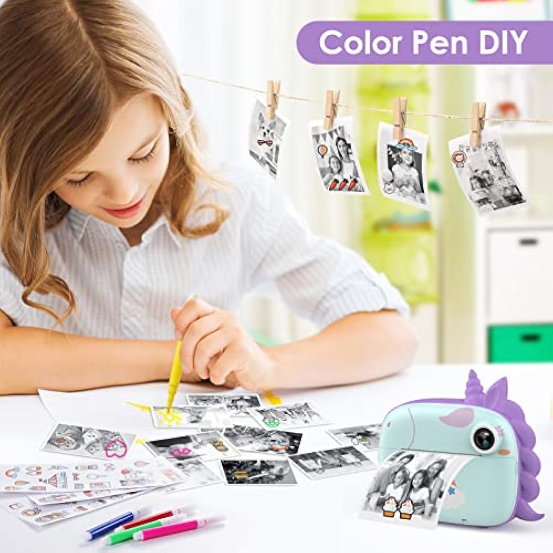 HiMont Kids Camera Instant Print, Digital Camera for Kids with No Ink Print Paper & 32G TF Card, Selfie Video Camera with Color Pens for DIY, Fun Gift for Girls Boys 3-14 Years Old (Green)