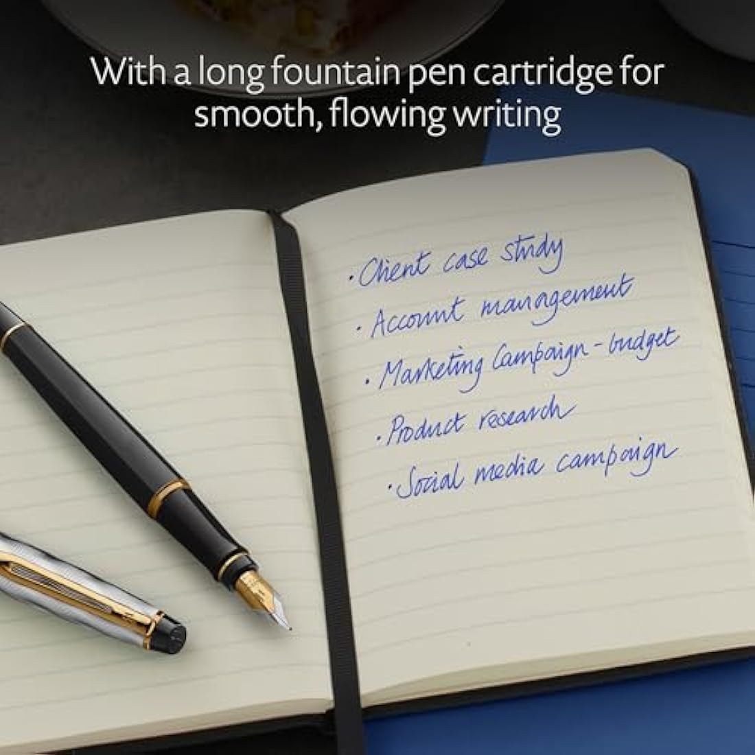 Waterman Expert Fountain Pen | Metal & Black Lacquer with Gold trim & Chiselled cap | Stainless steel Medium Nib | Blue Ink | Gift Box