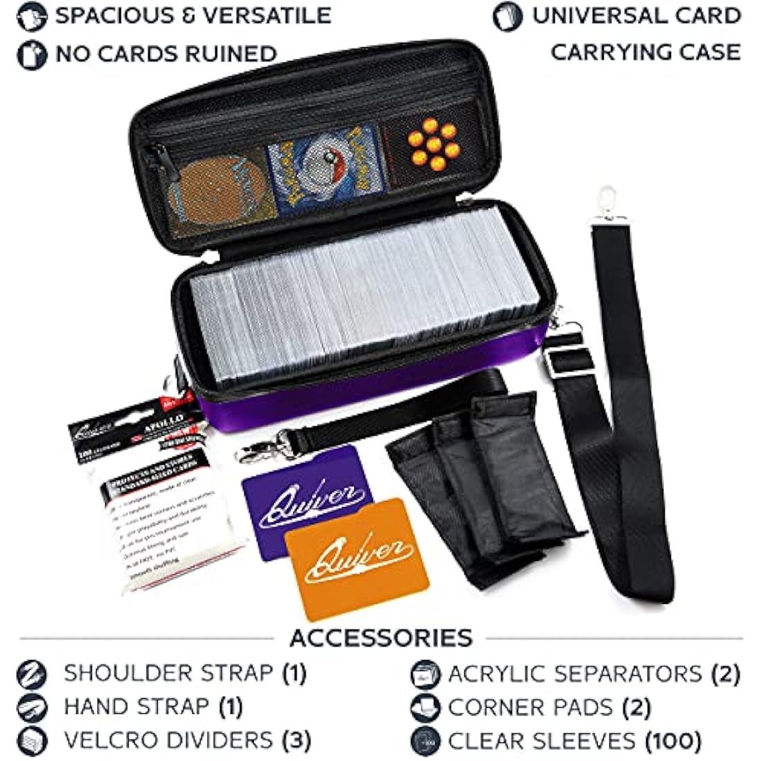 Quiver Time Purple Bolt Card Carrying Case fits PM Cards and other TCG Games - Storage Bag for Playing/Trading Cards and Deck Box (Straps, Dividers & 100 Apollo Card Sleeves)