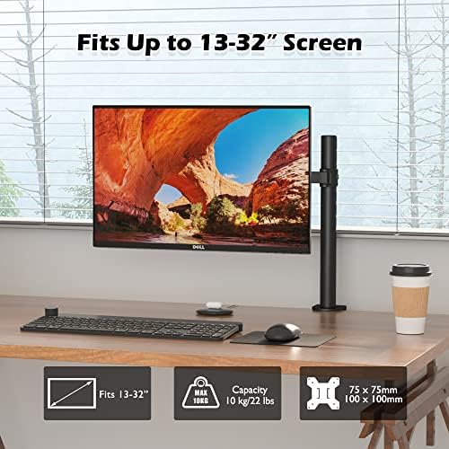 BONTEC Single Monitor Arm Desk Mount for 13-32 inch LCD LED PC Computer Screens TV, Ergonomic Height adjustable Tilt Swivel Rotation Monitor Arm Bracket up to 10kg, VESA Dimensions: 75x75-100x100mm
