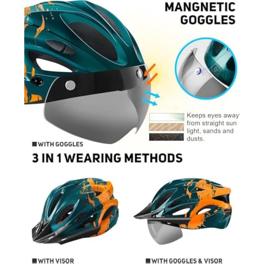 RaMokey Bike Helmet for Men and Women, Lightweight Cycle Helmet with LED Light Magnetic Goggle Sun Visor, Mountain & Road Bicycle Helmets for Adult Cycling Adjustable Size 57-62cm