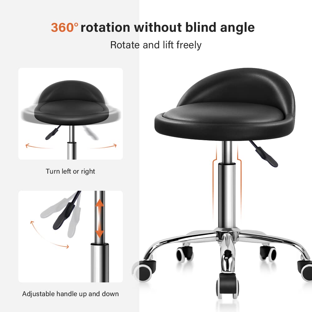 KKTONER PU Leather Round Rolling Stool with Back Rest Height Adjustable Swivel Drafting Work SPA Task Chair with Wheels (Black)