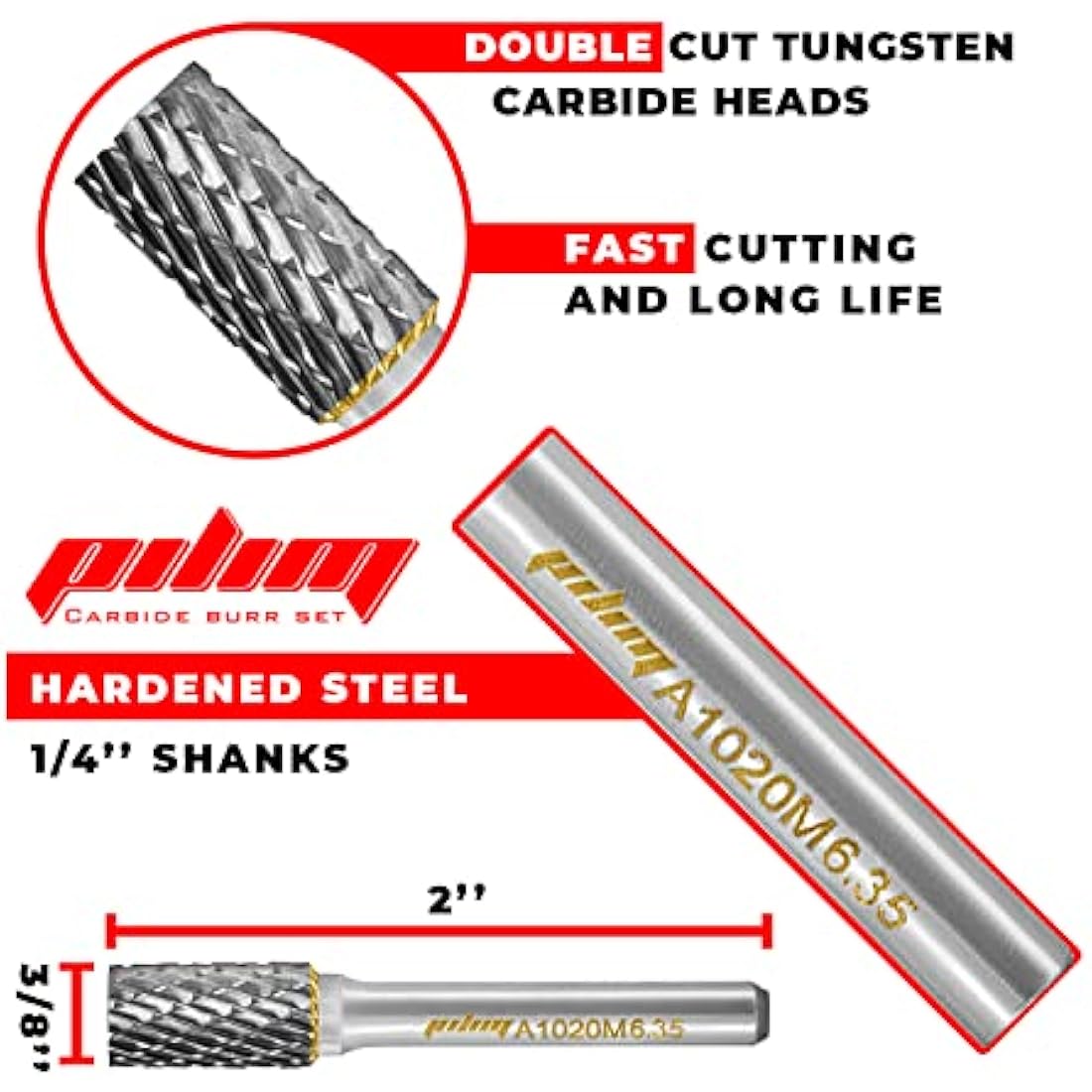 Tungsten Carbide Burr Set 1/4" Shank 8PC Double Cut Rotary Cutting Burrs Die Grinder Bits for Steel and Wood Working, Grinding, Carving, and Engraving