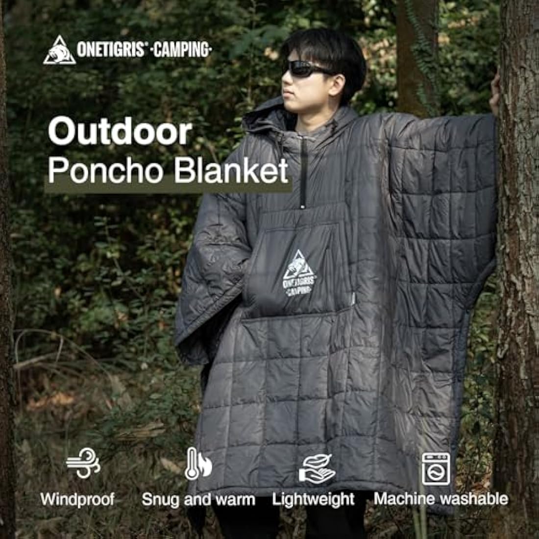 OneTigris Camping Blanket Poncho with Recycled 3M Thinsulate Insulation,Wearable Hoodie Blanket | Ultralight Water-Resistant Warm Camping Blanket for Outdoor, Hiking, Stadium