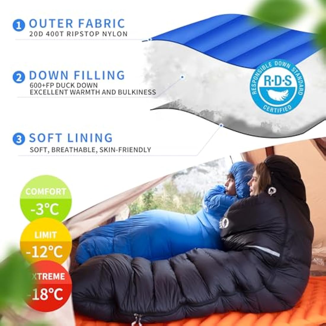 QEZER Down Sleeping Bag,Lightweight Rectangular Winter Sleeping Bag [1180g/1860g] for Adults and Kids 4 Season Camping, Hiking,Warehouse and Moutaineering Outdoor
