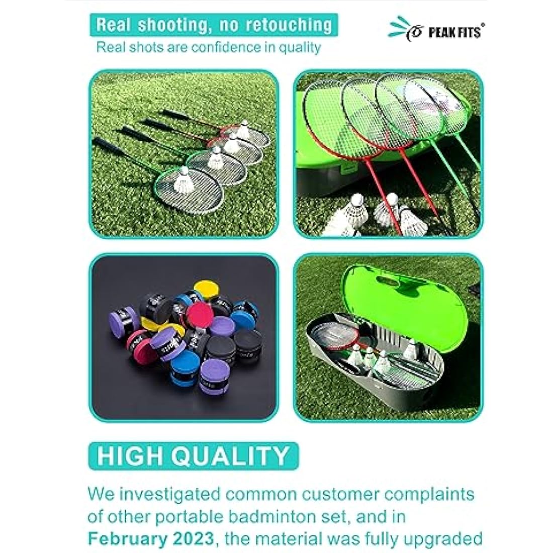 Peak Fits Portable Badminton Net Set,Folding Volleyball Badminton Net,4 Professional Graphite Badminton Racket,8 Racket Grip Tape,4 Shuttlecocks,Family Game,Kids Gift,Backyard Sports