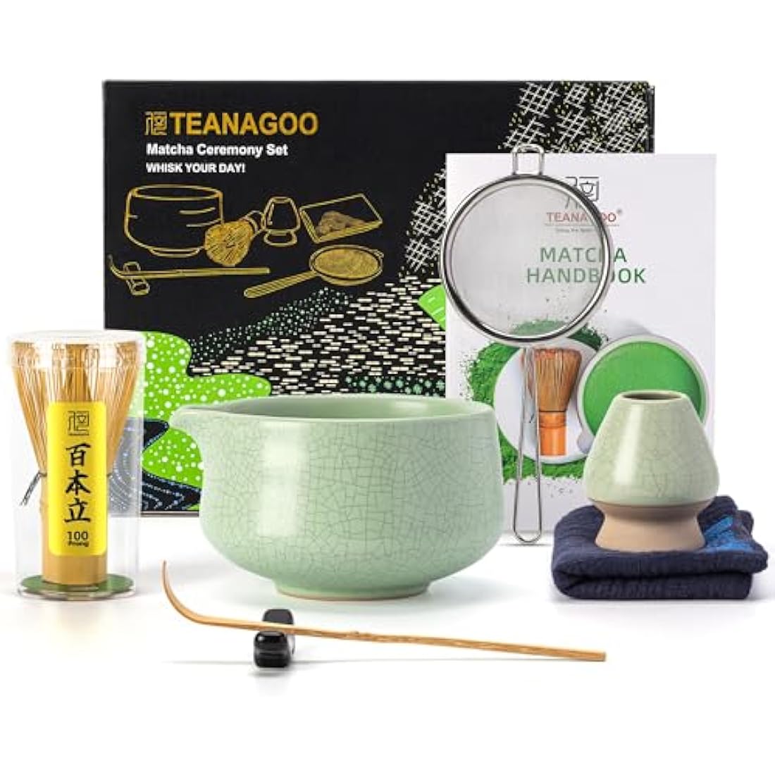 TEANAGOO Matcha Set, 7 Pcs Matcha Whisk Set, Matcha Kit for Ceremony, Matcha Tea Set for Making Breakfast/Latte, Green Matcha Bowl(Chawan) Whith Spout and Whisk, Gift for Matcha Lover