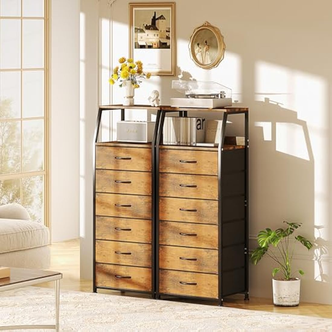CAIYUN Chest of Drawers Bedroom with 6 Drawers, Tall Fabric Dresser with Shelf, Fabric Dresser for Entryway Hallway Living Room, Closet Storage Drawer, Rustic Brown