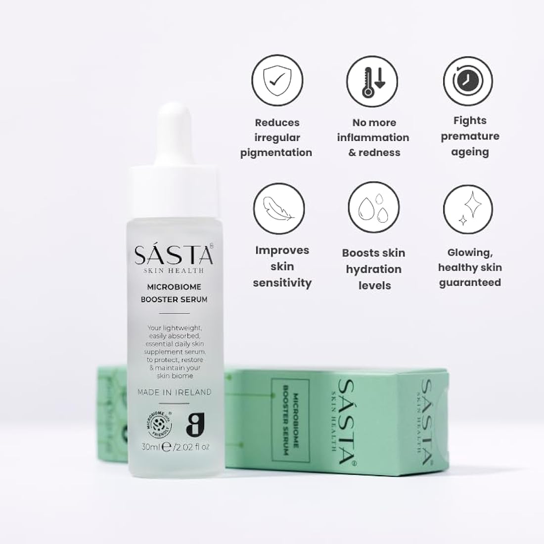 Sásta Microbiome Booster Serum – Prebiotic & Postbiotic Face Serum for Skin Barrier Repair, Hydration, & Anti-Redness, Suitable for All Skin Types 30ml