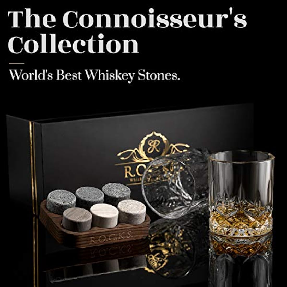 Whiskey Chilling Stones Gift Set - 6 Handcrafted Premium Granite Round Sipping Rocks - 2 Crystal Glass Tumblers - Hardwood Presentation & Storage Tray - Elegant Gold Foil Gift Box by R.O.C.K.S.