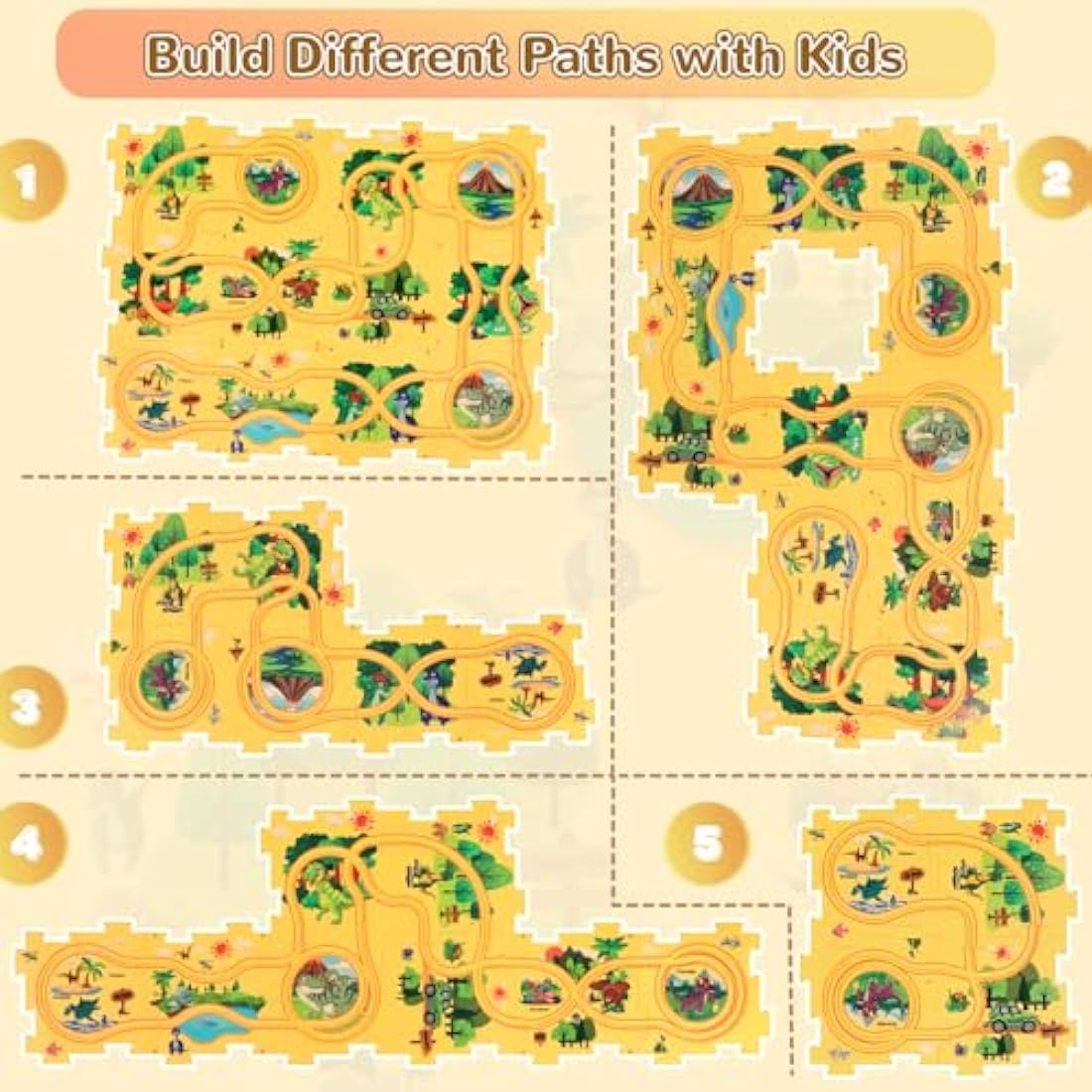 Puzzle Track with Vehicle Playset for Kid Age 3-6, Dinosaur Puzzle with Rail Car Educational Toy Racer Car with Slot Track and Dino Puzzle Gift for Boy Gril 3 4 5 6