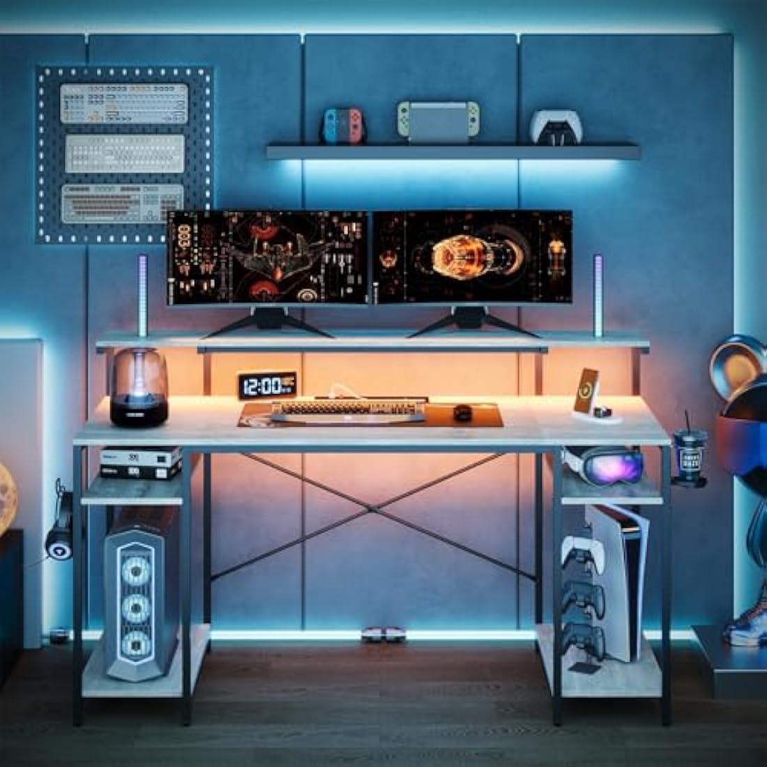 Bestier 140 CM Computer Desk with Power Outlets & LED Lights with Monitor Shelf Gaming Desk with Shelves Writing Desk with Storage Office Desk &Workstation for Home Office Bedroom