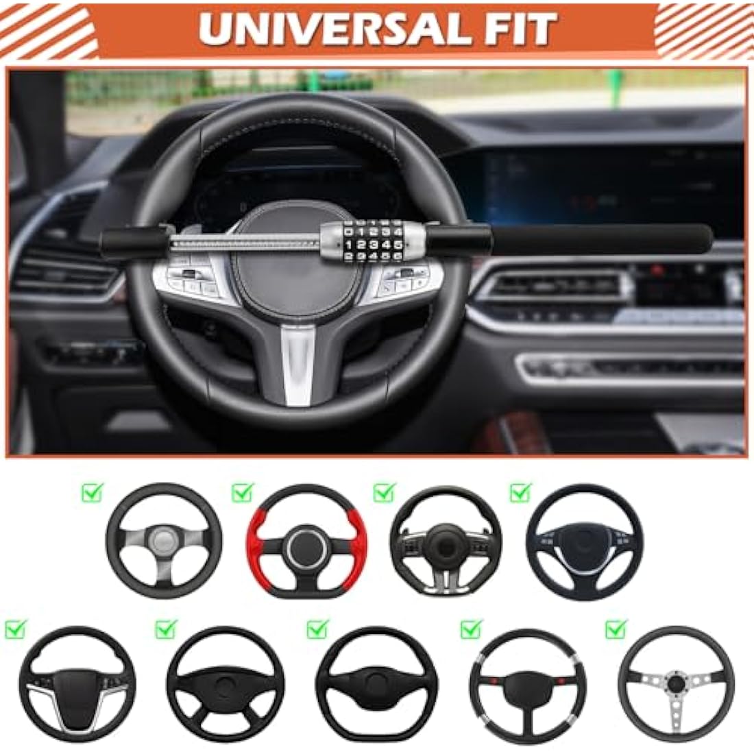 Tevlaphee Steering Wheel Lock, 5-Digit Keyless Combination Anti-Theft Device, Heavy Duty Universal Fit for Cars/SUVs/Vans/Trucks, Adjustable Extendable Design, High Security (Black)