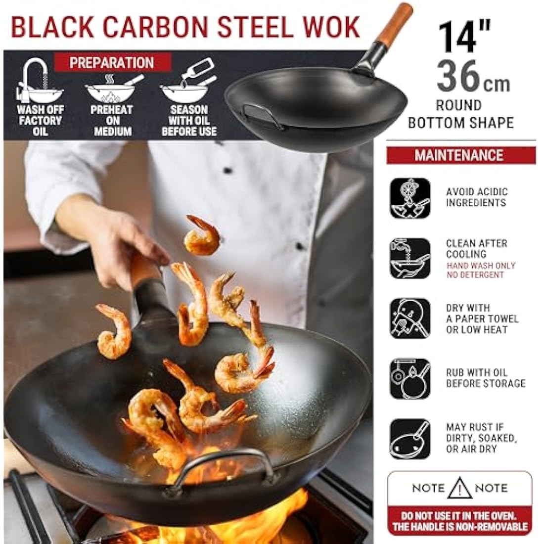 YOSUKATA Carbon Steel Wok Pan - 14"/36 cm Woks and Stir Fry Pans - Chinese Wok with Round Bottom Wok - Traditional Chinese Japanese Woks - Black Steel Wok 14 in/36 cm