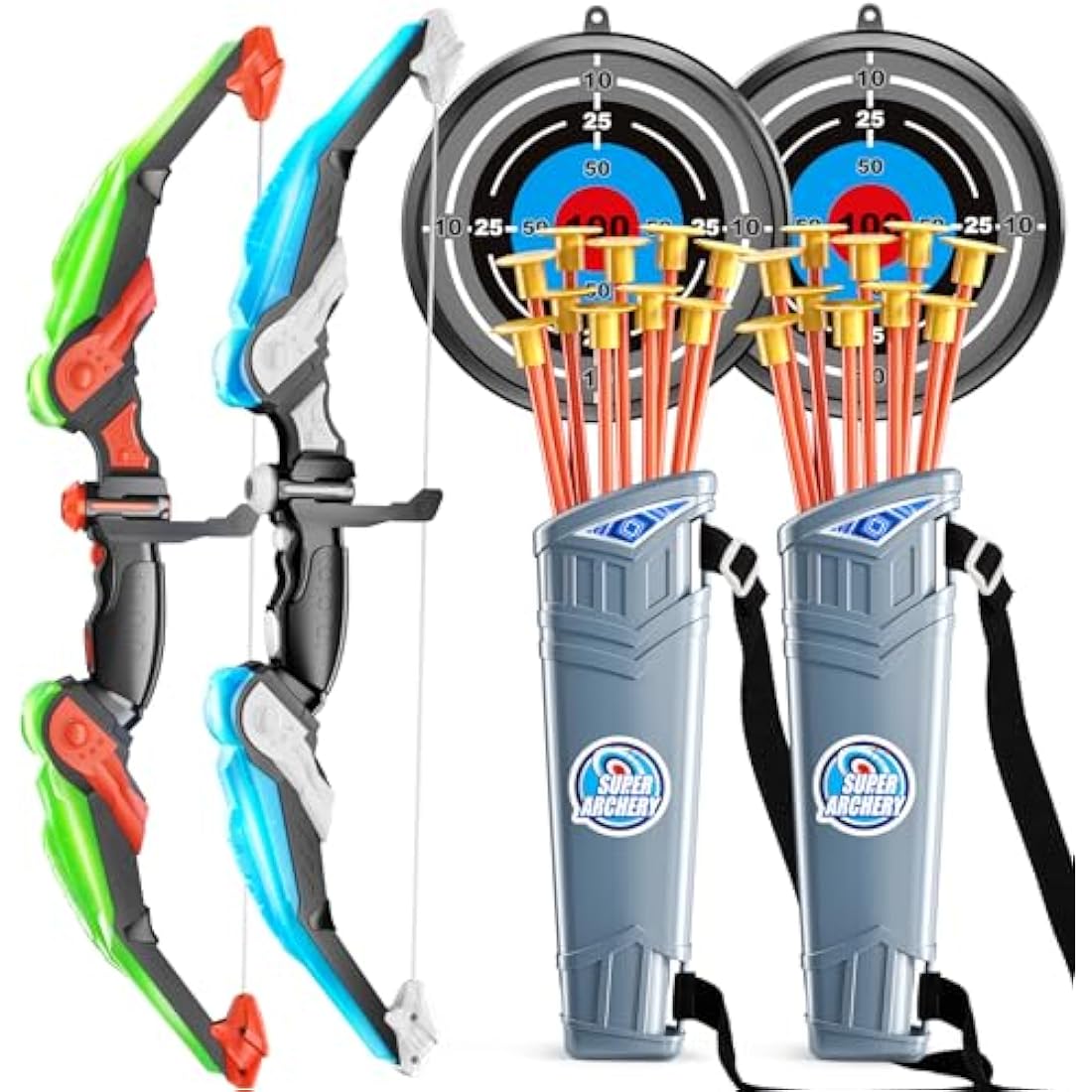 TEMI Bow and Arrow Set for Kids with LED Lights-Archery Set with Suction Cup Arrows, Quivers & Standing Target, Outdoor Toys for Children Boys & Girls Ages 3-12 Years Old