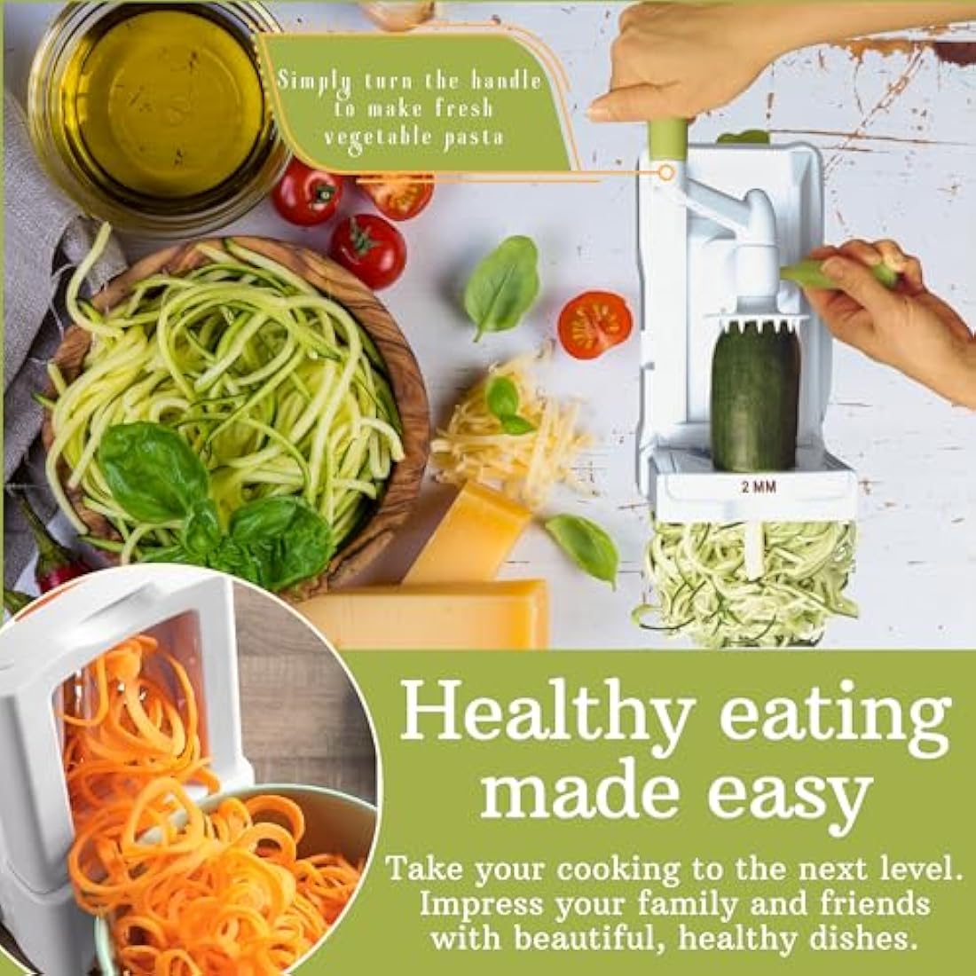 Brieftons 5-Blade Vegetable Spiralizer: Strongest-Heaviest Spiral Slicer, Best Veggie Pasta Spaghetti Maker for Low Carb/Paleo/Gluten-Free/Vegan Meals, with Extra Blade Caddy, 4 Recipe Ebooks
