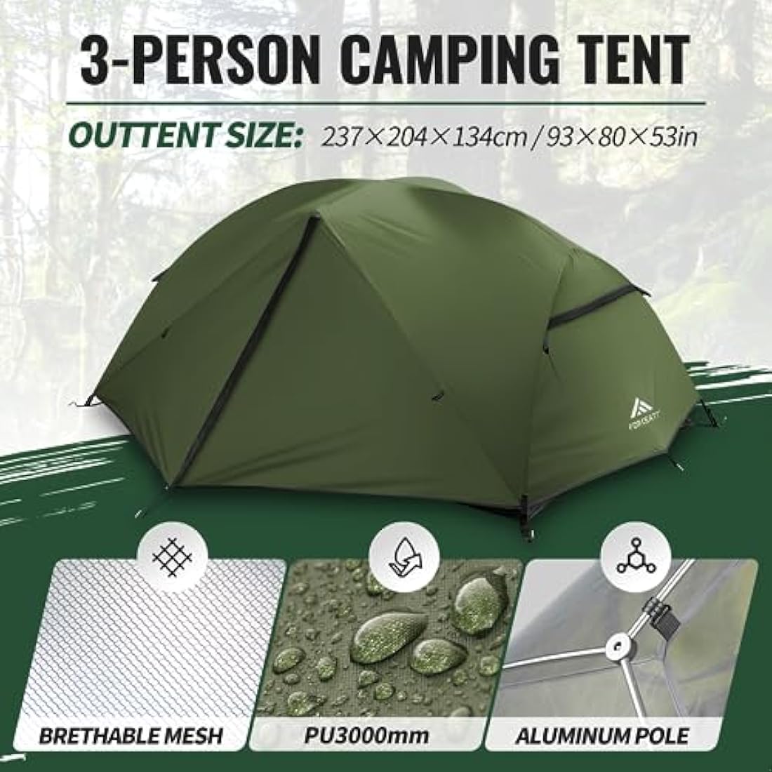 Forceatt Camping Tent,2-3 Man Tent for Outdoor PU3000mm Waterproof Tent Lightweight & Portable easy set up for Hiking Backping Eurohike