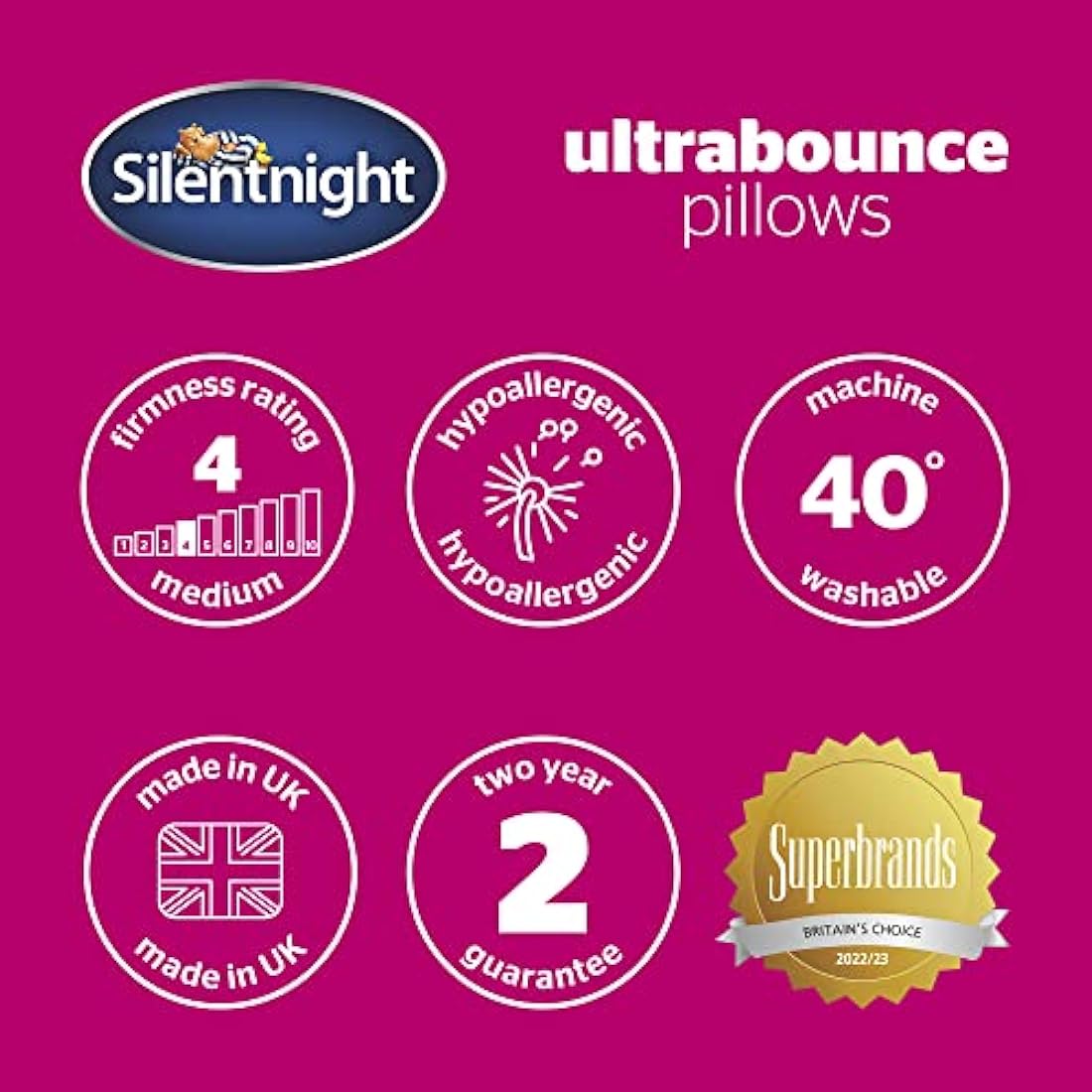Silentnight Ultrabounce Pillows 4 Pack - Soft Medium Support Comfortable Bouncy Pillows for Stomach, Back and Side Sleepers - Machine Washable and Hypoallergenic Bed Pillows - Pack of 4