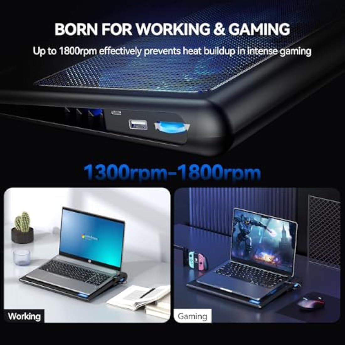 TECKNET Laptop Cooling Pad, 12"-16" Laptop Cooler with 2 Quiet Fans, Ergonomic Comfort Gaming Laptop Cooling Stand, Speed Adjustable Cooling Pad