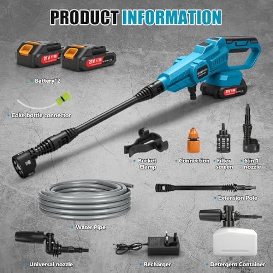 Cordless Pressure Washer Portable with 21V 2x Batteries, Portable High Power Washer Jet Wash Tool Cleaner with 6 IN 1 pray Nozzles, Soap Dispensing Bottle 5 m Washer hose for Car Garden Home Patio